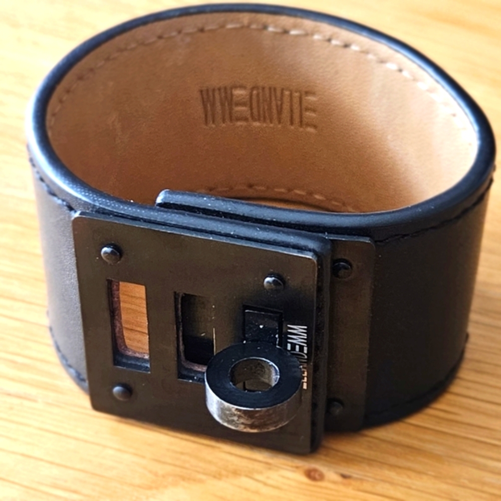 So Black Leather Cuff Bracelet with Black Metal Edgy Goth Retro Punk Chic